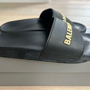Balenciaga Logo Pool Slide Sandals Black White Women Size 40